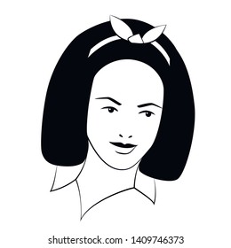 Woman  young face, black outline on white background