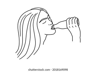 Woman, young girl drinks from a bottle. Outline sketch. Vector illustration.