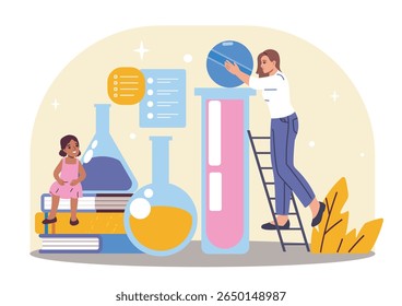 A woman and a young girl engaged in science learning with large lab flasks, books, and charts around them on a beige background. Concept of STEM education. Vector illustration