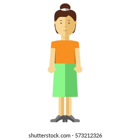 Woman or young girl flat illustration. Vector isolated character of asian or caucasian middle age adult or adolescent female teenager person with black hair in dress