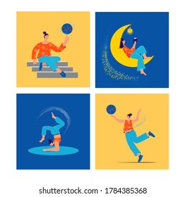 Woman, young girl read the book, doing exercises and yoga, relax, play with ball, play volleyball.  Sport, leisure and hobby on isolation. Vector illustration in flat cartoon style.