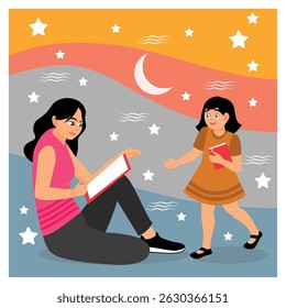 A woman and a young girl reading in a conceptual starry night setting, evoking familial warmth and imagination. Stories and Narratives Concept.