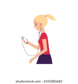 Woman or young girl using smartphone or cellphone to listen music flat vector illustration isolated on white background. Mobile devices and communication technology.