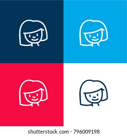Woman young head hand drawn outline four color material and minimal icon logo set in red and blue