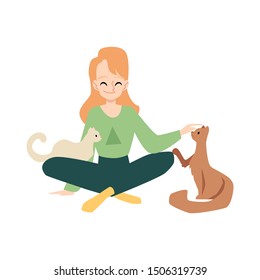Woman or young lady exercising surrounded by cats or kittens flat style vector illustration isolated on white background. Home pets and lifestyle with animals concept.