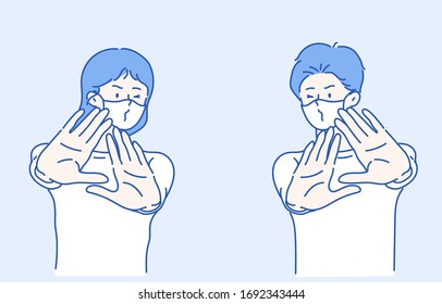 A woman and a young man wearing medical face mask, they showing hands in stop gesture. Infection control concept. Hand drawn in thin line style, vector illustrations.