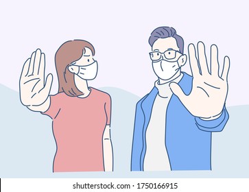 A Woman And A Young Man Wearing Medical Face Mask, They Showing Hands In Stop Gesture. Infection Control Concept. Hand Drawn In Thin Line Style, Vector Illustrations.