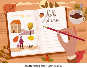 Woman young writing diary, letter, pencil, text Hello Autumn. Fall mood, cozy hygge atmosphere, mug coffe, tea, leaves, berrie rose hip, landscape. Vector illustration seasone poster, banner