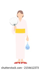 Woman in yukata, Image of a summer festival, with uchiwa and goldfish.
