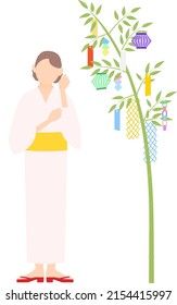 Woman in yukata, Looking at a Tanabata bamboo branch, image of Tanabata