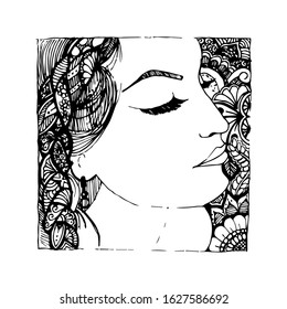 Woman, zentangle art. Coloring page.