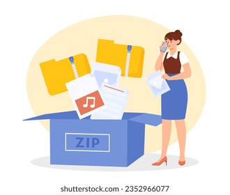 Woman with zip files concept. Young girl with mail and post. Employee sends documents. Electronic storage and archive, cloud service. Poster or banner. Cartoon flat vector illustration