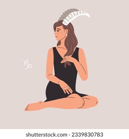 Mujer con signo de zodiaco cuernos de Capricornio, símbolo de astrología horóscopo con hermosa muchacha con vestido negro. Vector del capricornio zodiaco de horoscopio, ilustración de niña o mujer