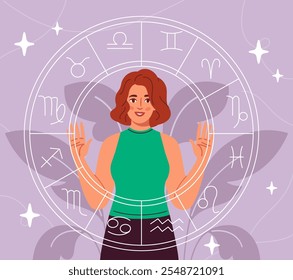 Mujer con zodiaco. Chica joven con signos del zodiaco. Astrología y esoterismo, misticismo. Rueda de constelaciones. Piscis, Sagitario, Tauro, Géminis y Escorpio. Ilustración vectorial plana