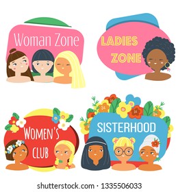 Woman zone banner. Colorful labels with female of different cultures. Feminism concept logo, stickers, advertisement, promo. template for women design