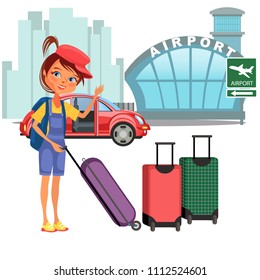 Womanan and her luggage came by car and ready to flight, auto transfer to airport building vector illustration, girl holding suitcase for airline travel