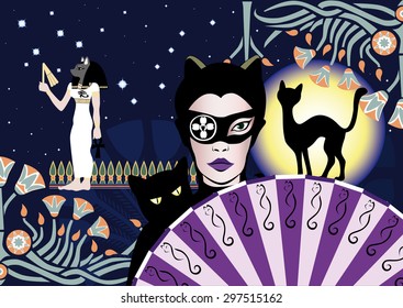  Woman-cat, silhouettes cat, goddess Bastet on the background of the moon, constellations and the ancient Egyptian ornaments.