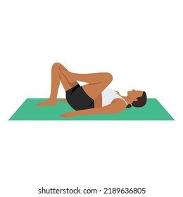 Womand doing Etirement ischios 1 or hamstring stretch exercise. Flat vector illustration isolated on white background