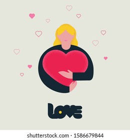 Woman/girl with blonde hair hugging red heart on st valentine's day
