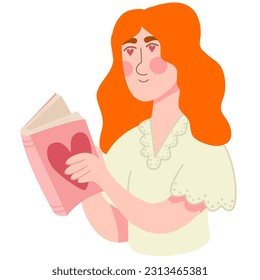 Woman,girl with red hair reading a novel.Hearts in her eyes.Read books lover. Relaxing time to reading.