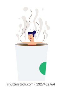 Woman/Girl taking bath and relaxing in coffee paper cup. Coffee Drinking Concept. Monday Coffee. Bathing in Coffee