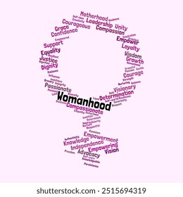 Womanhood Word Cloud. Composition of Words Related to Feminism, Empowerment, and Strength. Female Identity and Values. Isolated Background.