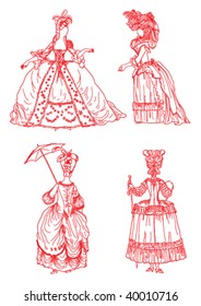 womanish European suits of middle XVIII ages on a white background