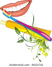 Womanish smile, tooth brush and paste. Vector
