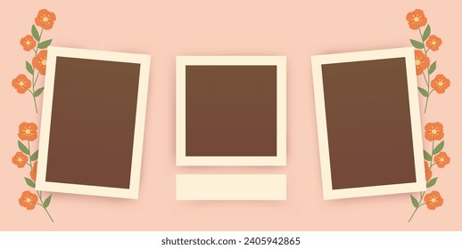 Womanly instant photo frame mockups with shadows and flowers. Empty image for memory on Women, Mother Day. Floral Photo album template. Blank realistic postcard isolated on pink background.