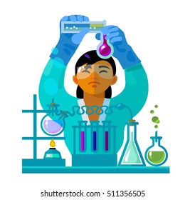 Woman-pharmacist creates new drugs. Asian scientist in safety gloves and glasses  holding flasks is doing research. Cartoon flat vector illustration.