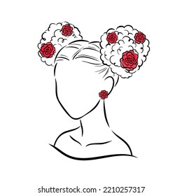 Woman's Abstract Portrait Line Art With Flowers On Her Afro Hair Buns.
 Elegant Line Drawing For The Logo Of Hair Salon, Or Cosmetics Brand. 
Stylized Minimalist Sketch Isolated On White Background. 