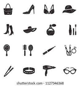 Woman's Accessories Icons. Black Scribble Design. Vector Illustration.