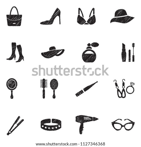 Woman's Accessories Icons. Black Scribble Design. Vector Illustration.