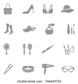 Woman's Accessories Icons. Gray Flat Design. Vector Illustration. 