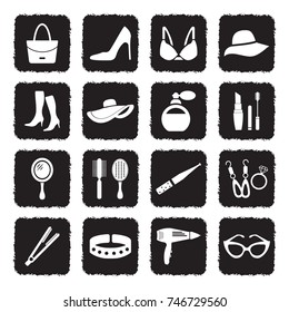 Woman's Accessories Icons. Grunge Black Flat Design. Vector Illustration. 