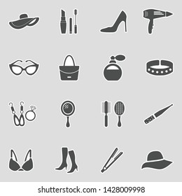 Woman's Accessories Icons. Sticker Design. Vector Illustration.