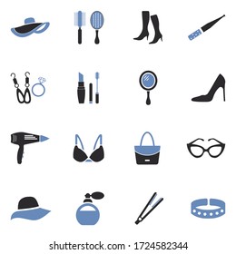 Woman's Accessories Icons. Two Tone Flat Design. Vector Illustration.