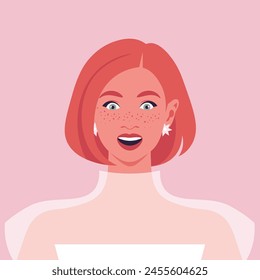 A woman's amazed face. Portrait of a surprised red-haired student. Delight and admiration. Vector Flat Illustration