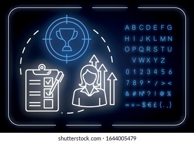 Womans Ambition Neon Light Concept Icon. Career Opportunities. Work Aspirations. Gender Equality Idea. Outer Glowing Sign With Alphabet, Numbers And Symbols. Vector Isolated RGB Color Illustration