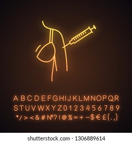 Woman's arm injection neon light icon. Hepatitis, measles vaccination. Disease immunization. Glowing sign with alphabet, numbers and symbols. Vector isolated illustration