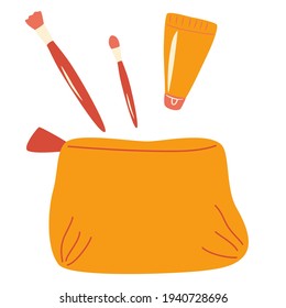 Woman's bag of cosmetics. Makeup Brushes, Lipstick, Cream. Concept of beauty bloggers, fashion and glamour. Easy to edit vector design for social media, etc. Cartoon Flat Illustration.