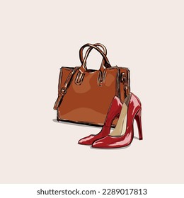 Bolsos y zapatos rojos de mujeres en tacones altos ilustraciones vectoriales