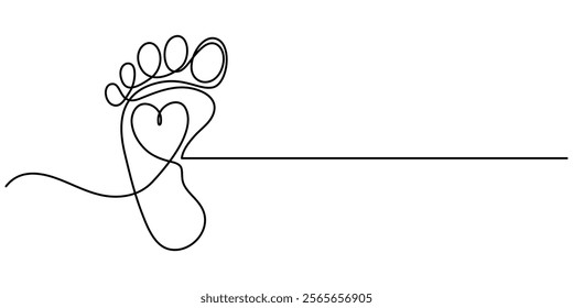 Woman's bare feet,close up, One continuous line drawing of bare foot and footprint. Elegance female feet in simple linear style. Concept of Wellness massage and Care about soft skin. Editable stroke. 