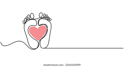 Woman's bare feet,close up, One continuous line drawing of bare foot and footprint. Elegance female feet in simple linear style. Concept of Wellness massage and Care about soft skin. Editable stroke. 