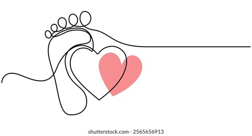 Woman's bare feet,close up, One continuous line drawing of bare foot and footprint. Elegance female feet in simple linear style. Concept of Wellness massage and Care about soft skin. Editable stroke. 