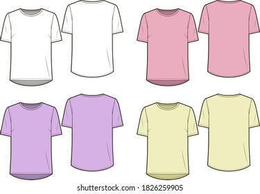 colección de tee base de la mujer en colores de palo. Blanco, rosa, morado y amarillo. Ropa básica. Camiseta simple.