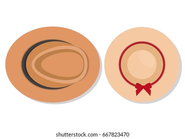 Woman's beach hat icon isolated on white with shadow. Vector of a brown hat with a black ribbon on a white background