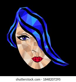 Woman's beautiful face of mosaic, hair in dark blue hues isolated on the black background