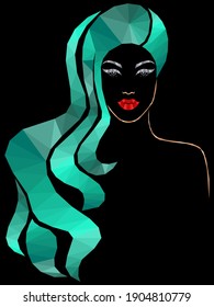 Woman's beautiful face of mosaic, hair in turquoise hues with smooth color transition isolated on the black background