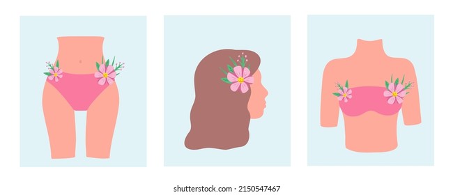 Die Schönheit der Frau, körperpositiv. Kopf, Hüften, Torso, Brust mit Blumen. Vektorgrafik für Druck, Hintergründe, Umschläge, Verpackungen, Grußkarten, Plakate, Aufkleber, Textilien und saisonales Design.